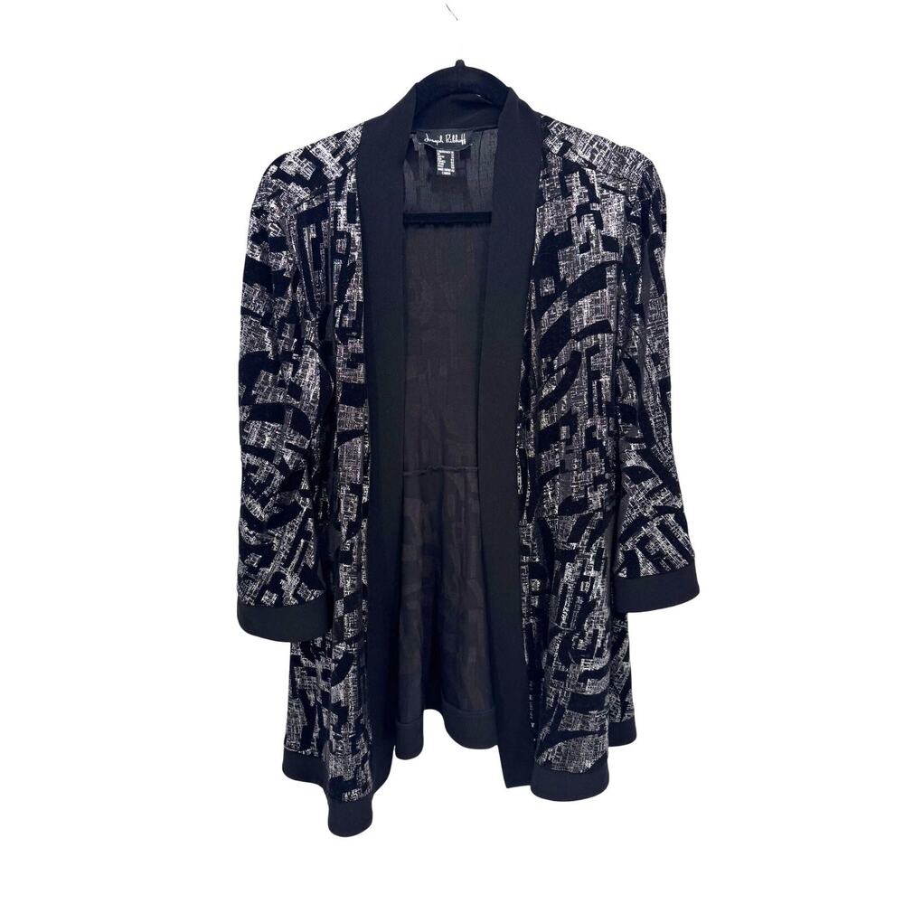 Joseph Ribkoff Disco Cardigan Womens 16 Black Velvet Metallic Silver Bell Sleeve
